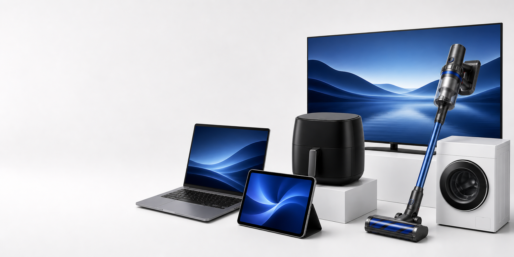 Laptop, tablet, airfryer, televizyon, çamaşır makinesi ve dikey süpürge ürünleri